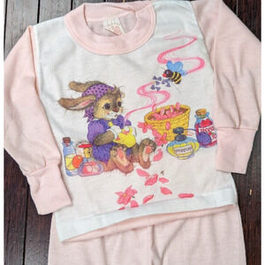 Vintage 80s Dr Denton's 2-Piece Footed Pajama Set Girls Jammie Size 3 Bunny Pink